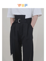No lack of WUF with belt irregular high waist suit trousers loose straight tube black drop feeling male trend Korean version