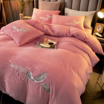 Fall winter plus velvet warm milk velvet embroidered bed hat set four-piece princess wind padded crystal velvet feather bed sheet quilt cover