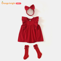 Full moon baby clothes Summer dress Grab week princess dress Red year-old dress suit 100 days baby clothing