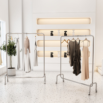 Clothing Shop Hanging Clothes Pole Floor Style Stainless Steel Wire Drawing Silver Male And Female Clothing Store Middle Island Show Shelf With Wheel Display Shelving