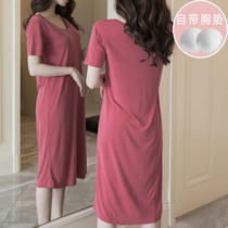 Womens summer short sleeves thin solid color pajamas long knee home clothes can be worn outside underwear