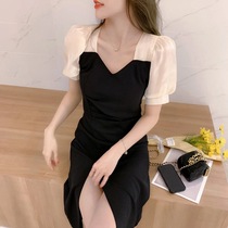 Mesh sleeve Hepburn style dress Summer black small temperament long dress Salt can be sweet French split small black dress