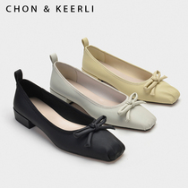 Small CK womens shoes 2021 summer new simple and versatile thick heel soft leather womens bow square head low heel shoes
