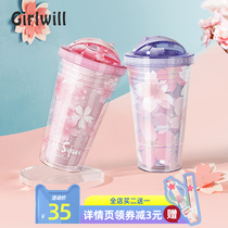 High Yan value net red cherry straw cup Girls summer girl heart portable cup with straw cup Plastic summer