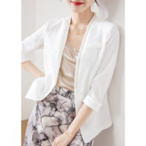 Pearl-trimmed white blazer womens summer new temperament slim seven-point sleeve small suit top