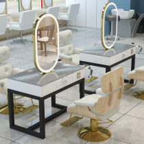 Barber shop mirror LED light hair mirror single-sided beauty makeup cabinet one marble double-sided hot dyeing table