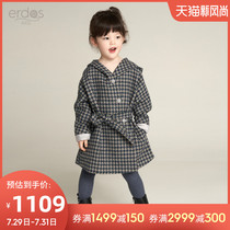 erdosKIDS Ordos Childrens clothing Plaid Girls Hooded waist lace-up wool coat Coat