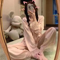 Spring and autumn new pajamas women lace long sleeve princess wind cardigan ice silk two-piece summer home suit