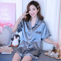  Pajamas womens summer ice silk thin shorts short-sleeved large size simulation silk solid color home service Korean two-piece suit