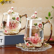 Creative enamel color water cup kettle set Household high-grade glass girl heart face value ultra-high cup with lid spoon