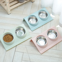 Factory direct pet dog bowl stainless steel slope double bowl splash-proof non-slip cat feeder dog food basin