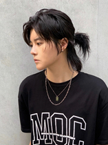 Long hair men's wig Japanese handsome samurai head summer breathable military training hairstyle wolf tail mullet head natural full hood