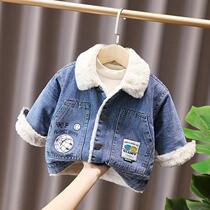 Boys and girls plus velvet denim coat 2021 autumn and winter New Baby padded jacket fashionable children warm cotton coat