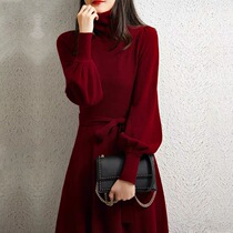 Women's upscale spring and autumn new dress in long pile collar waist slim knit skirt