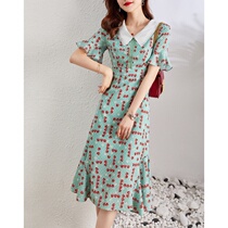 2021 summer new French elegant double collar heavy beaded waist thin dress