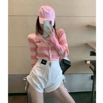 2021 new pure wind V-neck pink striped knitted base shirt womens short cardigan inner top