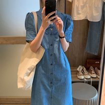 French retro temperament polo collar denim fairy dress womens summer thin new chic design skirt