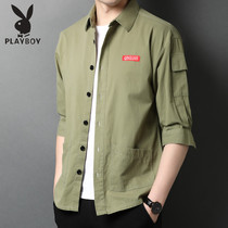 Playboy summer mens short-sleeved loose cotton tooling shirt seven-point sleeve thin shirt jacket mens fashion