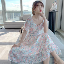 French floral chiffon dress summer 2021 new feminine temperament age reduction and thin tea break bellflower fairy skirt