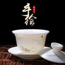 Vegetarian white porcelain three Cai Cup hand-painted landscape high-end tea cup bowl of mutton White Jade Tea Bowl with cover Dehui