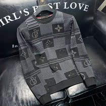 European station high-end autumn black casual round neck sweater mens slim fashion print coat