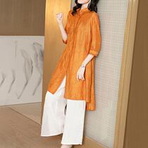 Ice silk cotton linen loose wide leg pants two-piece female mother summer fashion age-reducing ethnic style shirt large size suit
