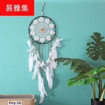 ins European and American crochet flower dream net feather hanging large living room pendant bedroom wind chime decoration woven Bohemia