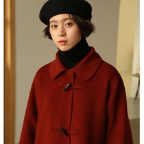 Red Horn Buckle Hairy Coat Women 2021 Autumn and Winter New Hepburn Wind Japanese Doll Collar Long Coat