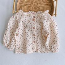 Child Crumbled Shirt Tide 2022 Spring Autumn New Baby Foreign Air Long Sleeve Shirt Girl Blouses Girl Blouses Flowers Side Collar