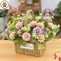 Handmade Straw flower basket portable woven basket pastoral living room decoration ornaments flower arrangement basket fake flower set