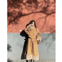 Khaki woolen coat womens small winter thickened medium-length thin stitching temperament woolen coat women