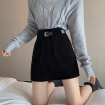 Black corduroy new winter skirt womens high waist slim striped chenille chenille hairy a-shaped hip skirt