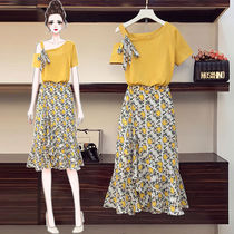 Large size womens clothing 2021 summer new fat mm age-reducing skirt two-piece set Fat sister thin foreign style suit