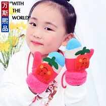 Childrens gloves full finger double layer plus velvet autumn and winter warm boys and boys cartoon lanyard childrens finger neck baby