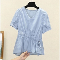 (High quality cotton) 2021 Spring Summer new short sleeve shirt women irregular drawstring waist temperament top