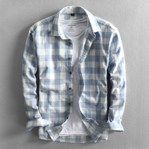 Simple plaid mens long-sleeved shirt Pure cotton fresh brushed casual loose lapel mens Japanese ins shirt
