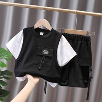Boys summer suit 2021 new childrens fake two-piece short-sleeved T-shirt middle and small childrens five-point pants baby two-piece suit