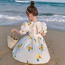 Girls summer dress 2021 New Korean version of childrens foreign style sunflower skirt baby backless lace princess dress