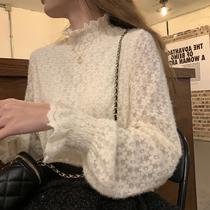 Thin plus velvet lace half high neck lace base shirt womens autumn and winter New Korean version of foreign style long sleeve top tide tide
