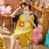 Nightdress womens summer short sleeve cotton thin skirt can be worn outside ladies pajamas Korean cute summer home clothes