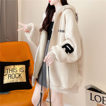 Large size womens 2021 new autumn and winter fat mm lamb wool sweatshirt female hooded plus velvet thickened fat mm coat