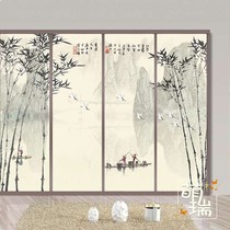New Chinese bamboo landscape painting glass sticker Study office Living room Balcony moving door Electrostatic frosted film