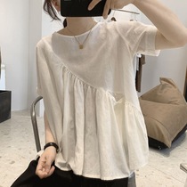 Cotton and hemp vintage shirt womens South Korea 2021 summer design sense niche Foreign style doll shirt loose short-sleeved top tide