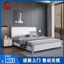 Solid wood bed modern simple double bed 1 8 meters light luxury master bedroom big wedding bed economical white high Box storage bed