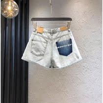 Fashion Contrast Pockets Light Blue Denim Shorts Womens 2021 Summer Plus Size Curly Loose Slim Wide Leg Pants Tide