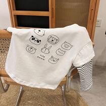 Childrens white T-shirt 2021 spring new childrens clothing baby cartoon fake two-piece T-shirt