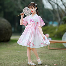 Girls Hanfu New summer Dress Childrens costume Chinese style little girl Short sleeve printed Tang dress dress