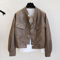  South Korea autumn new brown leather leather jacket womens fashion short loose thin motorcycle jacket ins