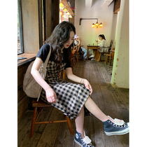 Ren Xiaoyi retro high-grade sense of splicing plaid dress design sense niche summer waist thin a-line skirt