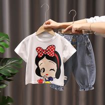 Girls summer suit 2021 new foreign style short sleeve small children summer Net red denim Capri pants two-piece set